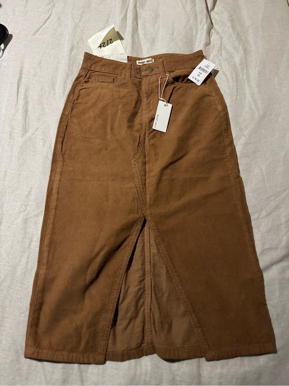 Warp + Weft Velana Long Corduroy Skirt Turmeric Brown Size 26 Midi Slit Stretch